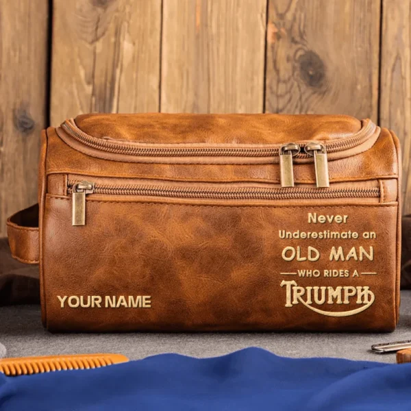Triumph Motorcycles  Exclusive Logo - Personalized Leather Toiletry Bag QTMT180425TRIA2 - Light Brown
