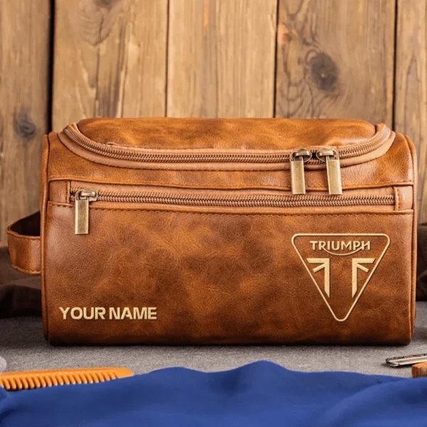 Triumph Motorcycles  Exclusive Logo - Personalized Leather Toiletry Bag QTMT180425TRIA5 - Light Brown