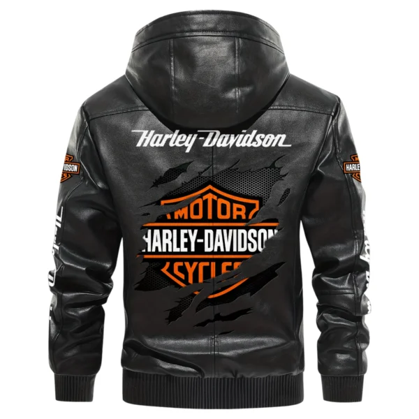 Harley-Davidson Exclusive Logo Hooded Leather Jacket QTMO230625A2HD - Black - Image 3