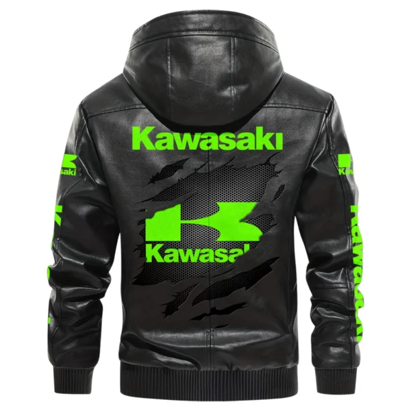 Kawasaki Exclusive Logo Hooded Leather Jacket QTMO230625A2KAW - Black - Image 3