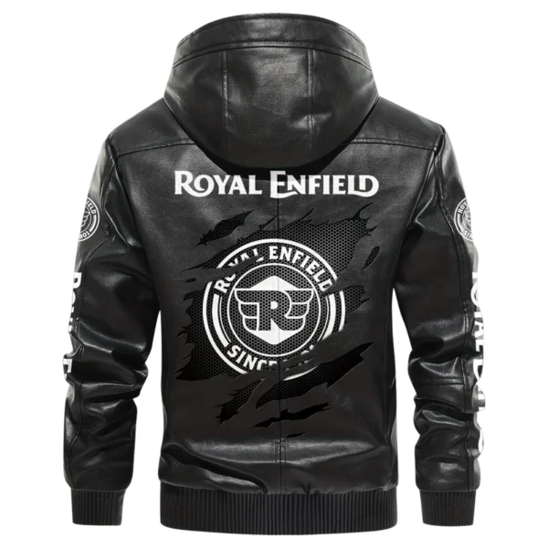 Royal Enfield Exclusive Logo Hooded Leather Jacket QTMO230625A2ROY - Black - Image 3