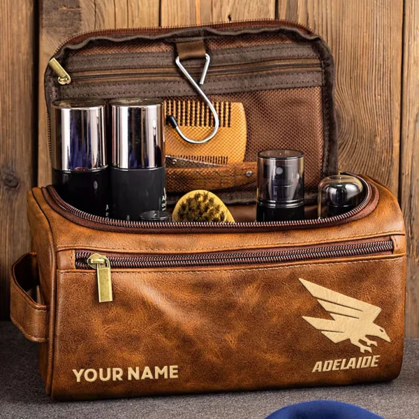 Adelaide Crows AFL Exclusive Logo Personalized Leather Toiletry Bag HOAFL0090525LTB01ADEL - Dark Brown - Image 2