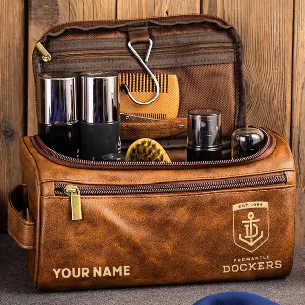 Fremantle Dockers AFL Exclusive Logo Personalized Leather Toiletry Bag HOAFL0090525LTB01FRE - Coffee - Image 2