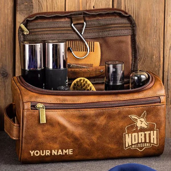 North Melbourne Kangaroos AFL Exclusive Logo Personalized Leather Toiletry Bag HOAFL0090525LTB01NMFC - Coffee - Image 2