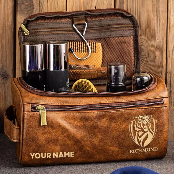 Richmond Tigers AFL Exclusive Logo Personalized Leather Toiletry Bag HOAFL0090525LTB01RICH - Dark Brown - Image 2