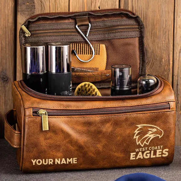 West Coast Eagles AFL Exclusive Logo Personalized Leather Toiletry Bag HOAFL0090525LTB01WCE - Coffee - Image 2