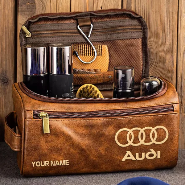 Audi Car Exclusive Logo - Personalized Leather Toiletry Bag QTCAR120625A2AUD - Dark Brown - Image 2