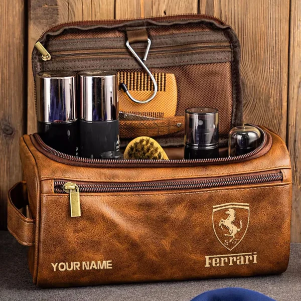 Ferrari Car Exclusive Logo - Personalized Leather Toiletry Bag QTCAR120625A2FER - Dark Brown - Image 2