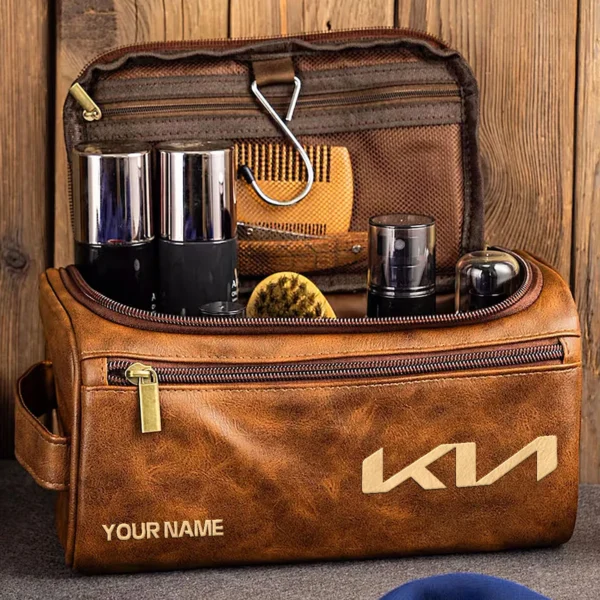 Kia Car Exclusive Logo - Personalized Leather Toiletry Bag QTCAR120625A2KIA - Coffee - Image 2