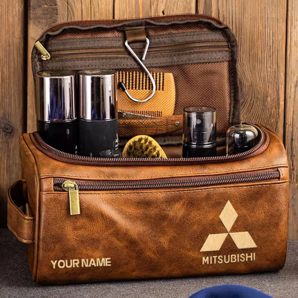 Mitsubishi Car Exclusive Logo - Personalized Leather Toiletry Bag QTCAR120625A2MIT - Light Brown - Image 3