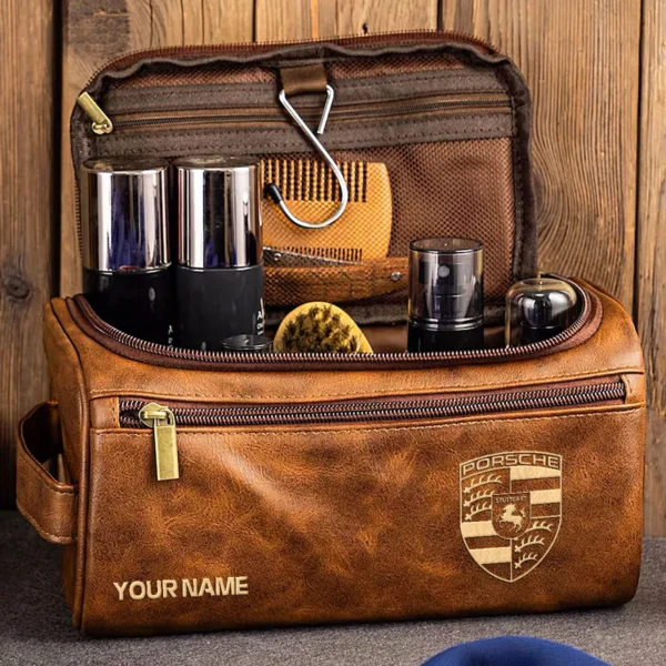 Porsche Car Exclusive Logo - Personalized Leather Toiletry Bag QTCAR120625A2POR - Coffee - Image 2