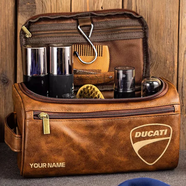 Ducati Motorcycles  Exclusive Logo - Personalized Leather Toiletry Bag QTMT180425DUC - Light Brown - Image 3