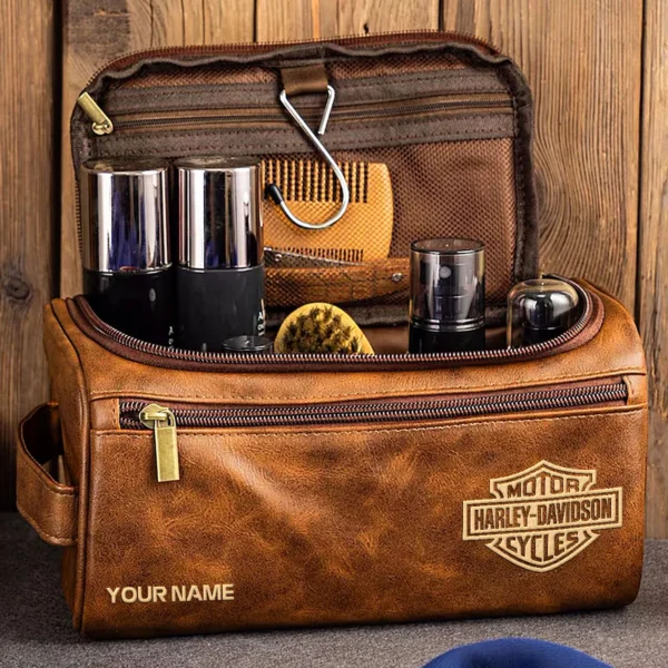 Harley-Davidson Motorcycles  Exclusive Logo - Personalized Leather Toiletry Bag QTMT180425HD - Coffee - Image 2