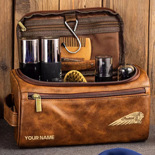 Indian Motorcycles Motorcycles  Exclusive Logo - Personalized Leather Toiletry Bag QTMT180425IND - Coffee - Image 2