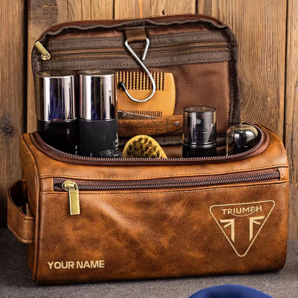 Triumph Motorcycles  Exclusive Logo - Personalized Leather Toiletry Bag QTMT180425TRIA5 - Light Brown - Image 3