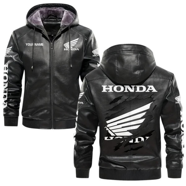 Honda Exclusive Logo Hooded Leather Jacket QTMO230625A2HON - Black