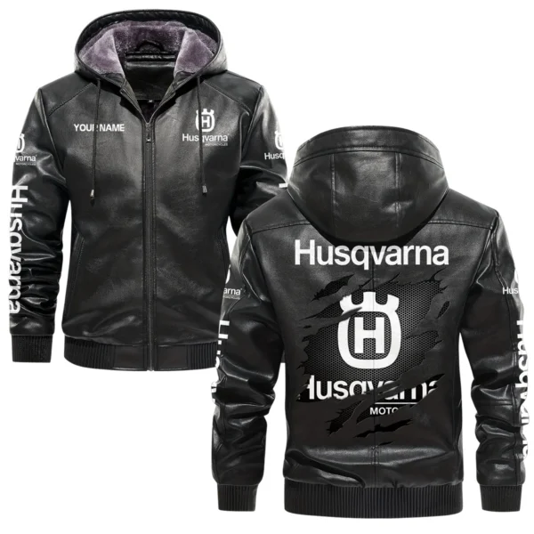 Husqvarna Exclusive Logo Hooded Leather Jacket QTMO230625A2HUS - Black