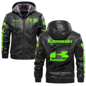 Kawasaki Exclusive Logo Hooded Leather Jacket QTMO230625A2KAW - Black