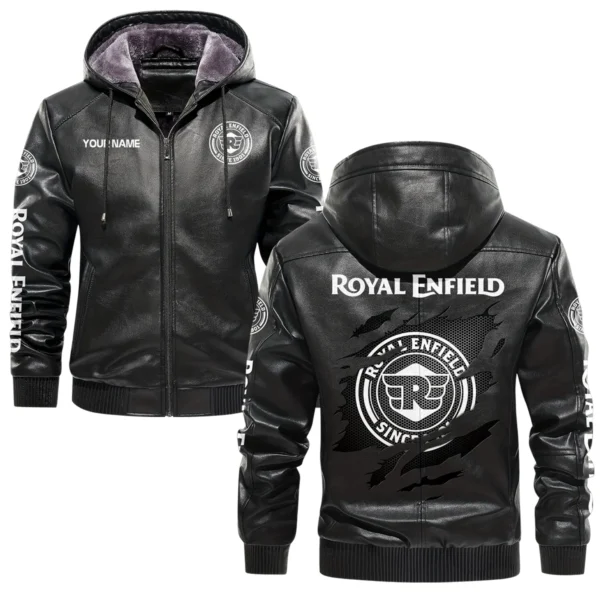 Royal Enfield Exclusive Logo Hooded Leather Jacket QTMO230625A2ROY - Black