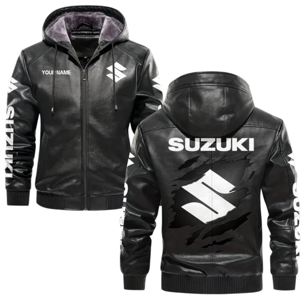 Suzuki Exclusive Logo Hooded Leather Jacket QTMO230625A2SUZ - Black