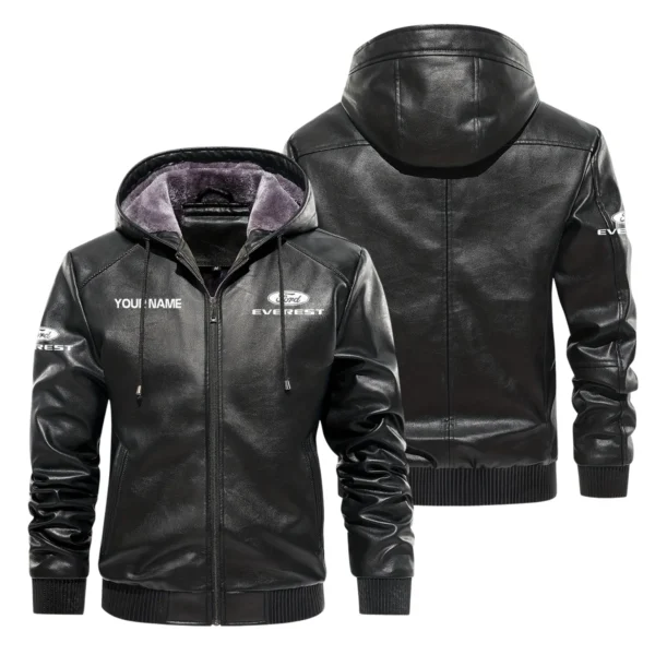 Ford Everest Exclusive Logo Hooded Leather Jacket QTUT230625A2FE - Black