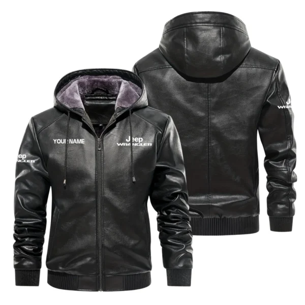 Jeep Wrangler Exclusive Logo Hooded Leather Jacket QTUT230625A2JWR - Black