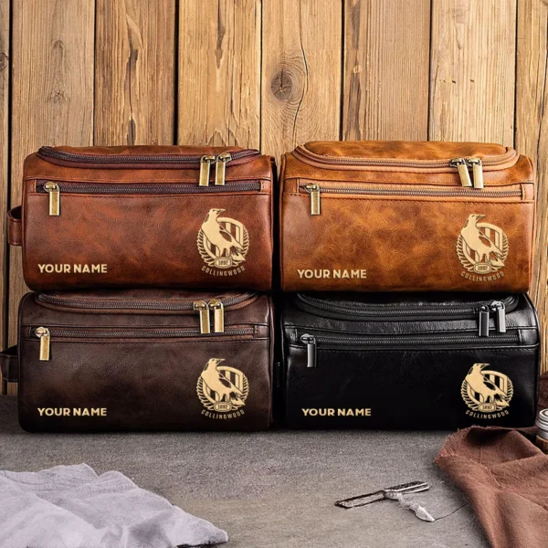 Collingwood Magpies AFL Exclusive Logo Personalized Leather Toiletry Bag HOAFL0090525LTB01COLL - Light Brown - Image 3