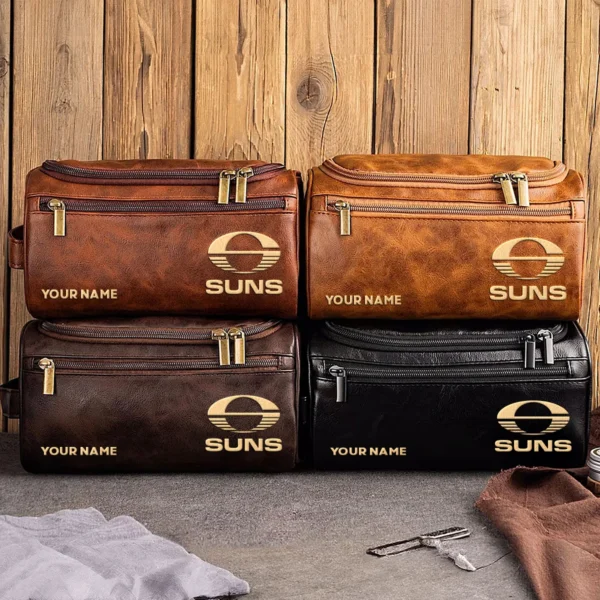 Gold Coast SUNS AFL Exclusive Logo Personalized Leather Toiletry Bag HOAFL0090525LTB01GCFC - Coffee - Image 3