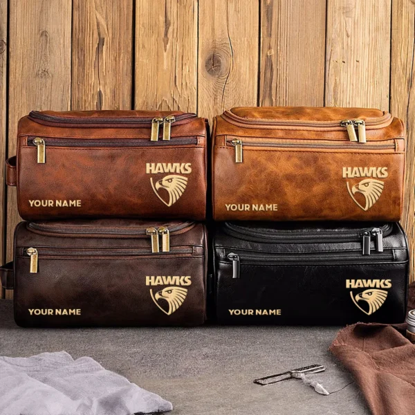 Hawthorn Hawks AFL Exclusive Logo Personalized Leather Toiletry Bag HOAFL0090525LTB01HAW - Dark Brown - Image 3