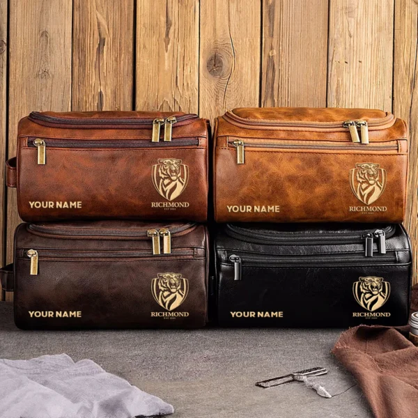 Richmond Tigers AFL Exclusive Logo Personalized Leather Toiletry Bag HOAFL0090525LTB01RICH - Dark Brown - Image 3