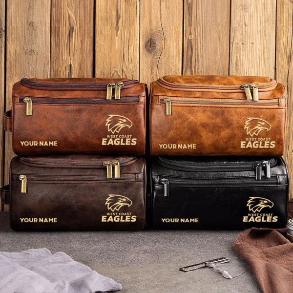 West Coast Eagles AFL Exclusive Logo Personalized Leather Toiletry Bag HOAFL0090525LTB01WCE - Coffee - Image 3