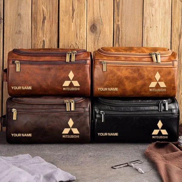 Mitsubishi Car Exclusive Logo - Personalized Leather Toiletry Bag QTCAR120625A2MIT - Light Brown - Image 2