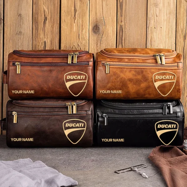 Ducati Motorcycles  Exclusive Logo - Personalized Leather Toiletry Bag QTMT180425DUC - Light Brown - Image 2