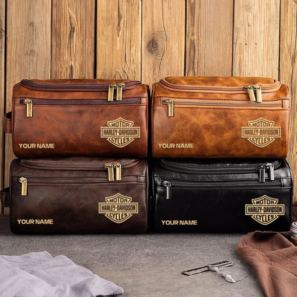 Harley-Davidson Motorcycles  Exclusive Logo - Personalized Leather Toiletry Bag QTMT180425HD - Coffee - Image 4
