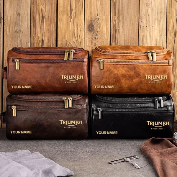 Triumph Motorcycles  Exclusive Logo - Personalized Leather Toiletry Bag QTMT180425TRIA1 - Dark Brown - Image 5