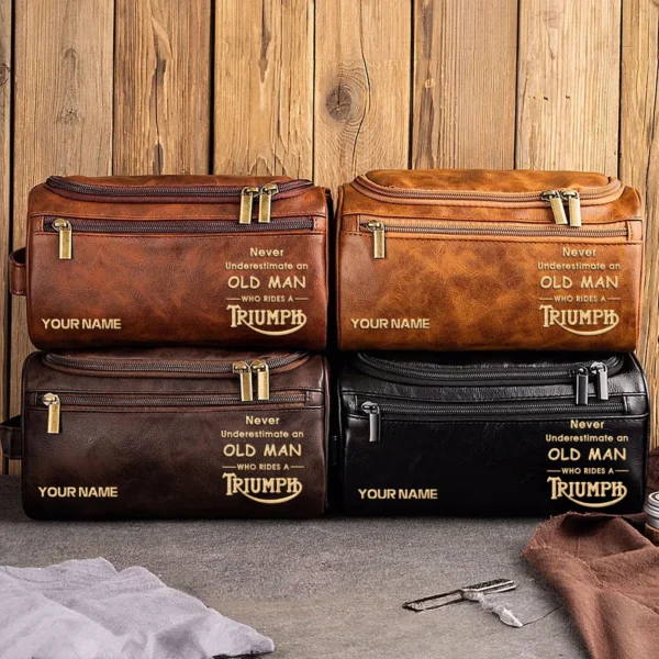 Triumph Motorcycles  Exclusive Logo - Personalized Leather Toiletry Bag QTMT180425TRIA2 - Dark Brown - Image 5
