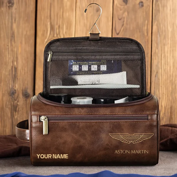 Aston Martin Car Exclusive Logo - Personalized Leather Toiletry Bag QTCAR120625A2AMR - Black - Image 4