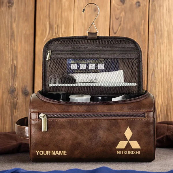 Mitsubishi Car Exclusive Logo - Personalized Leather Toiletry Bag QTCAR120625A2MIT - Light Brown - Image 4