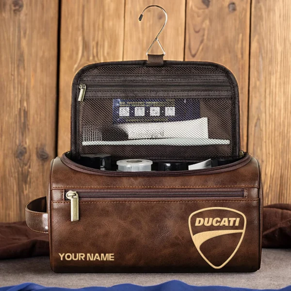 Ducati Motorcycles  Exclusive Logo - Personalized Leather Toiletry Bag QTMT180425DUC - Light Brown - Image 4