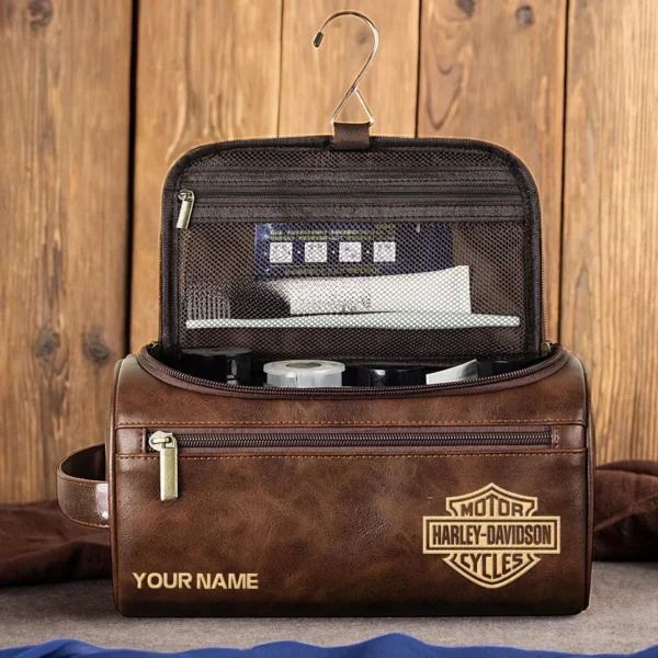 Harley-Davidson Motorcycles  Exclusive Logo - Personalized Leather Toiletry Bag QTMT180425HD - Coffee - Image 3