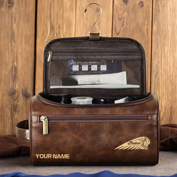 Indian Motorcycles Motorcycles  Exclusive Logo - Personalized Leather Toiletry Bag QTMT180425IND - Coffee - Image 3