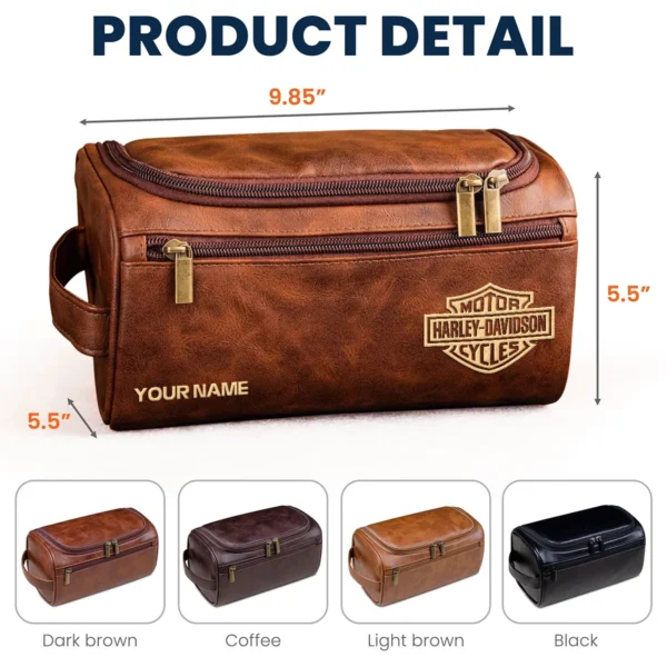 Harley-Davidson Motorcycles  Exclusive Logo - Personalized Leather Toiletry Bag QTMT180425HD - Coffee - Image 5