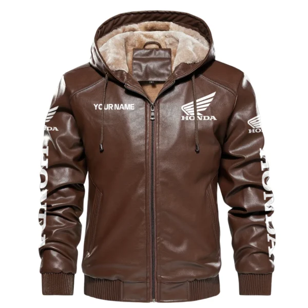Honda Exclusive Logo Hooded Leather Jacket QTMO230625A2HON - Brown - Image 2