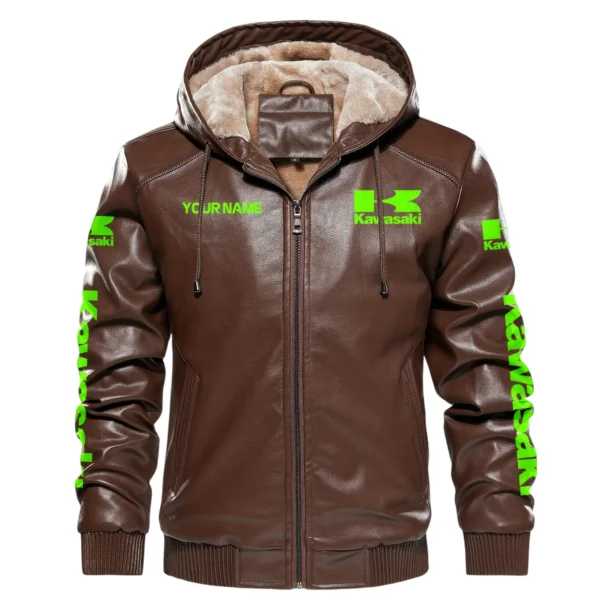 Kawasaki Exclusive Logo Hooded Leather Jacket QTMO230625A2KAW - Brown - Image 2