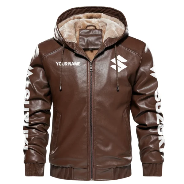 Suzuki Exclusive Logo Hooded Leather Jacket QTMO230625A2SUZ - Brown - Image 2