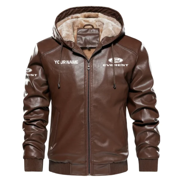 Ford Everest Exclusive Logo Hooded Leather Jacket QTUT230625A2FE - Brown - Image 2