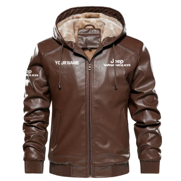 Jeep Wrangler Exclusive Logo Hooded Leather Jacket QTUT230625A2JWR - Brown - Image 2