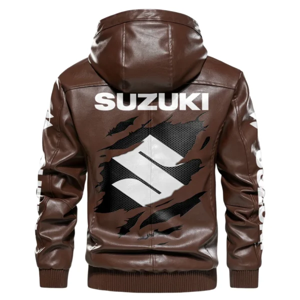 Suzuki Exclusive Logo Hooded Leather Jacket QTMO230625A2SUZ - Brown - Image 3