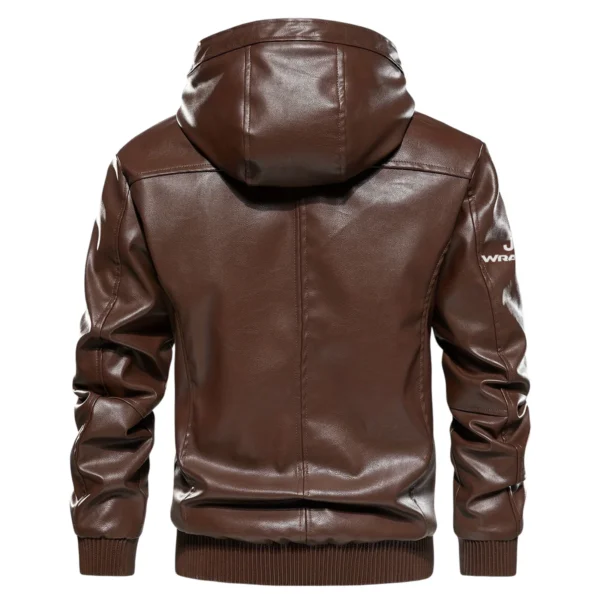 Jeep Wrangler Exclusive Logo Hooded Leather Jacket QTUT230625A2JWR - Brown - Image 3