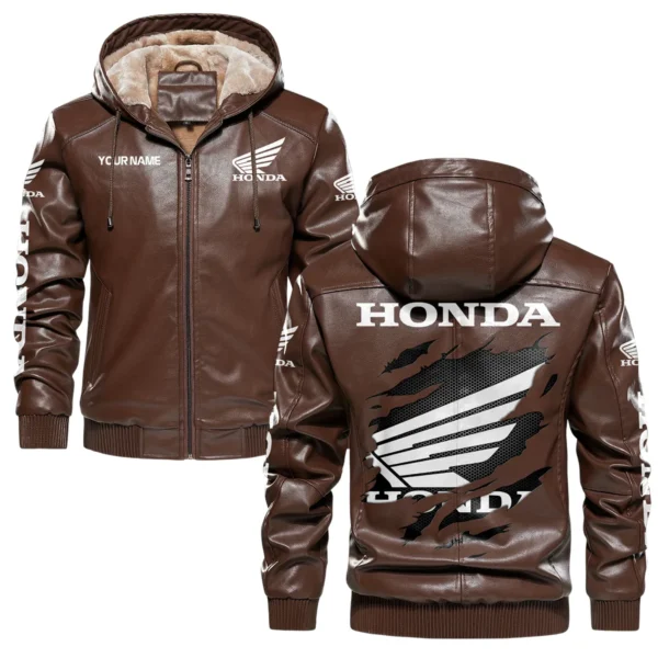 Honda Exclusive Logo Hooded Leather Jacket QTMO230625A2HON - Brown